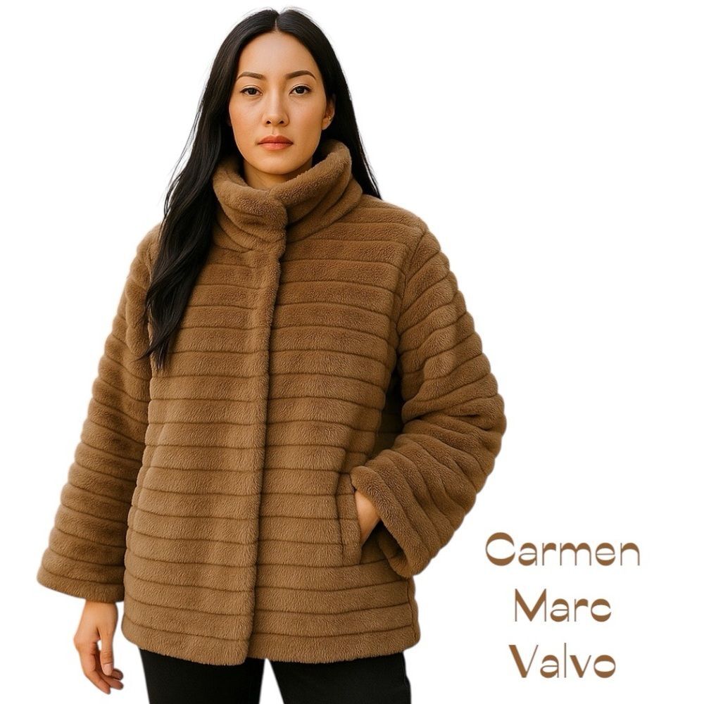 Carmen Marc Valvo Tan Teddy Bear  Faux Fur Coat Size M MobWife Glam